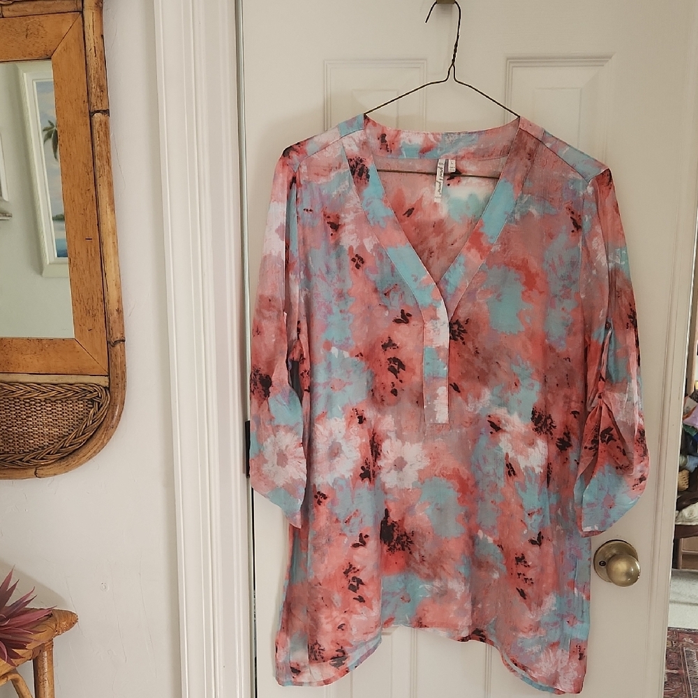 Grand & Greene Floral V-Neck Blouse - Coral and Sky Blue